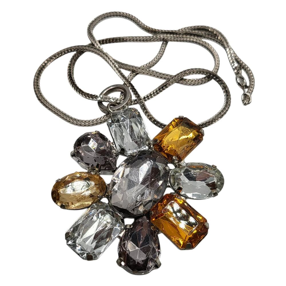 Vintage Rhinestone Cluster Pendant Necklace Amber Clear Glass Napier Chain